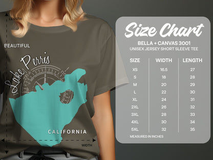T-shirt size chart for Bella + Canvas 3001 unisex short sleeve tee with lake graphic.