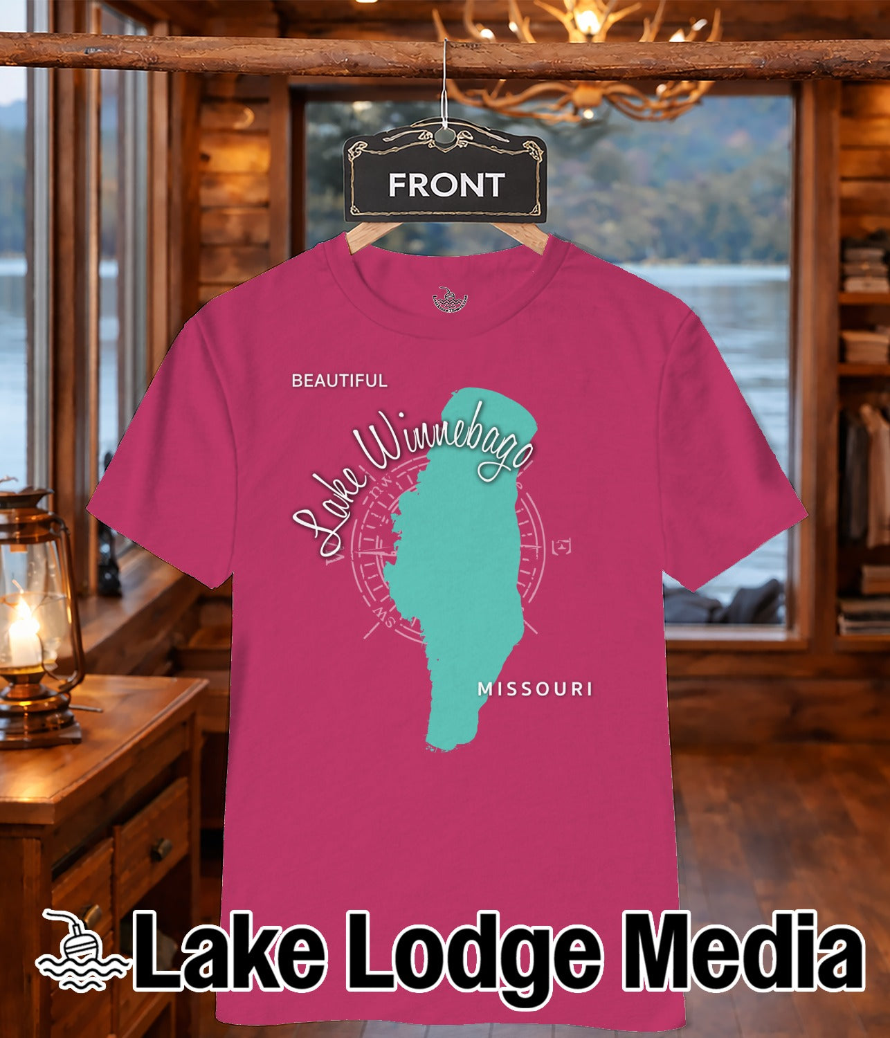 Pink t-shirt with "Lake Winnebago Missouri" text and map design.