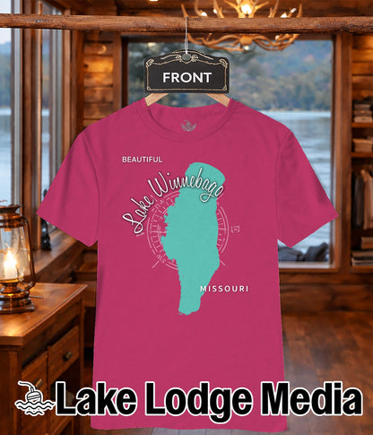 Pink t-shirt with "Lake Winnebago Missouri" text and map design.