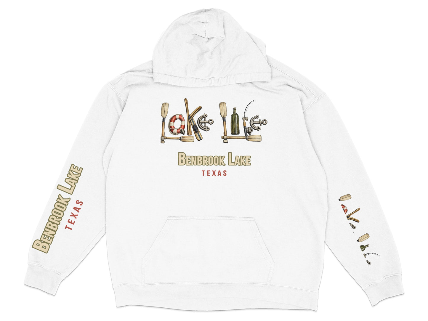 White hoodie with "Lake Life" graphic and Benbrook Lake Texas text.