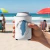 White can koozie with blue Lake Winnebago outline and Wisconsin text.