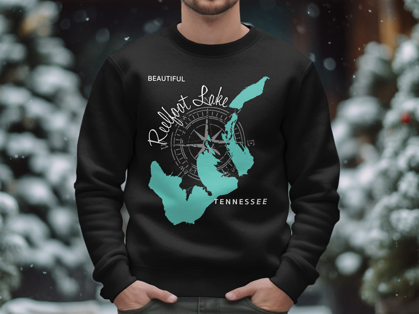 Black sweatshirt featuring a teal map of Reelfoot Lake, Tennessee, with compass.