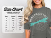 Comfort Colors 1717 heavyweight adult tee size chart with width and length measurements. Huntington Lake design.