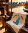 Blanket featuring Calcasieu Lake map and compass design with "Lake Lodge Media" text.