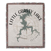 Tapestry throw blanket with map of Little Grassy Lake, Illinois and compass rose.
