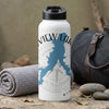 White water bottle with blue lake outline map and compass design.