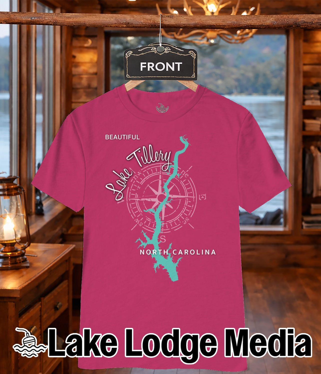 Pink t-shirt with compass rose and "Lake Tillery, North Carolina" text.