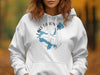 White hoodie with "Lake Lahontan Nevada" graphic featuring a compass and map outline.