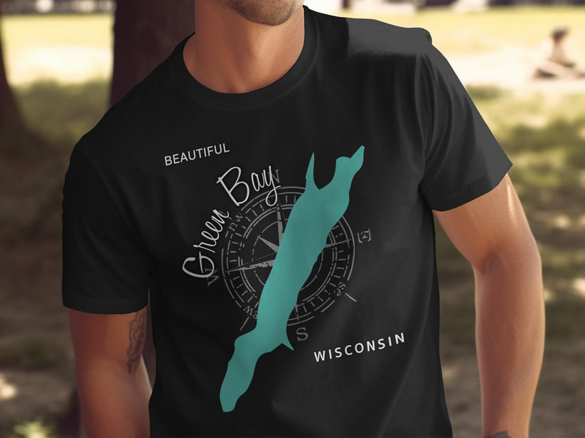 Black t-shirt with Green Bay Wisconsin map and compass graphic.