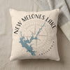 New Melones Lake California map design on a cream pillow with compass detail.