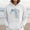 White hoodie with Center Hill Lake Tennessee map and compass graphic.