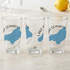 Three clear glasses with blue Lake Quinault map and compass design.