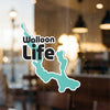 Turquoise Walloon Lake shape sticker with "Walloon Life" text.