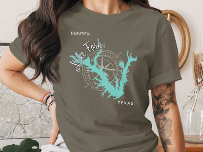 Turquoise Lake Fork Texas map design with compass on a grey t-shirt.