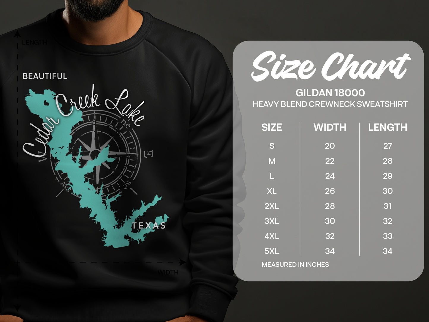 Cedar Creek Lake Texas graphic on sweatshirt with size chart.