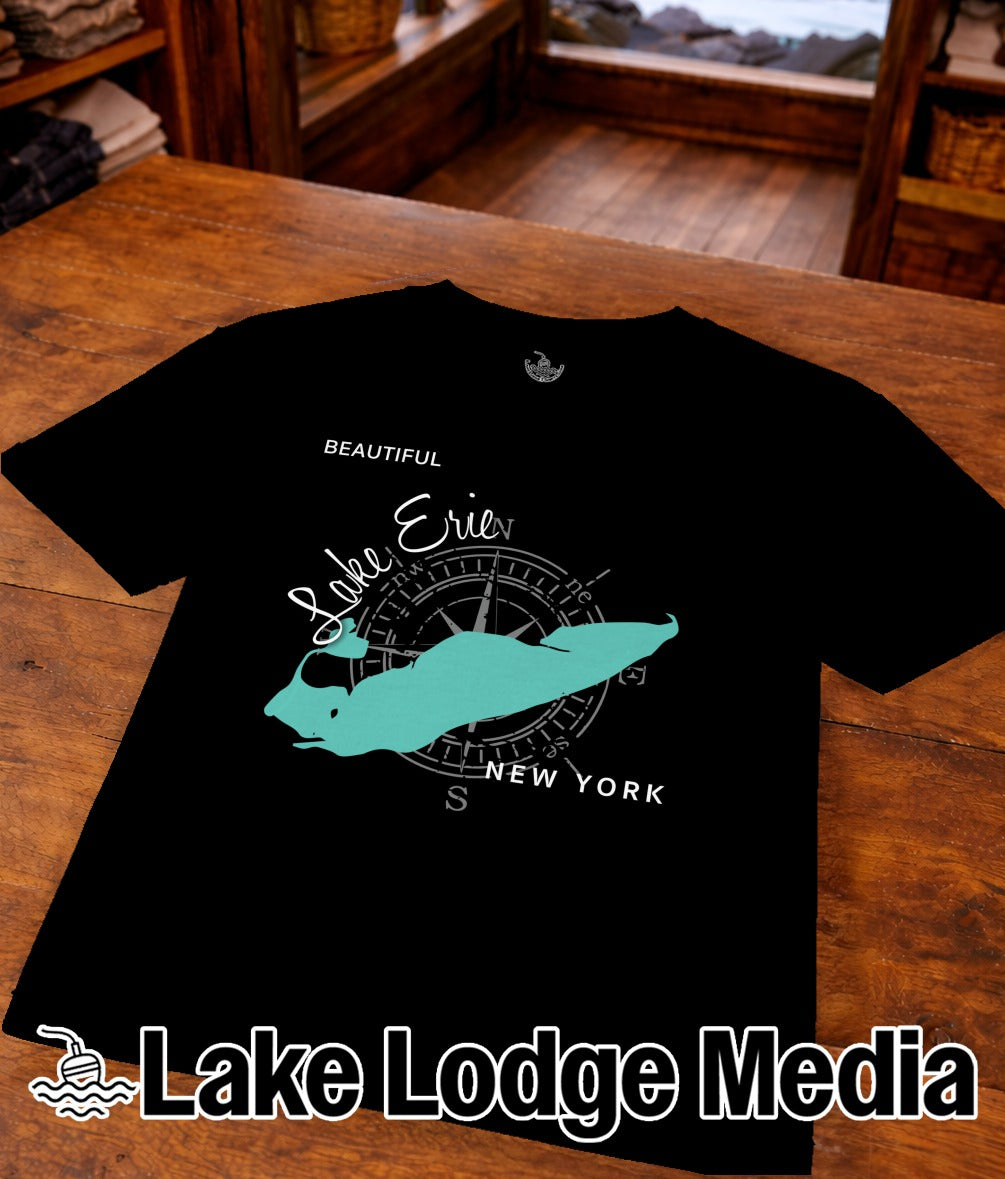 Black t-shirt featuring a compass rose over Lake Erie map, "Lake Erie New York" text.