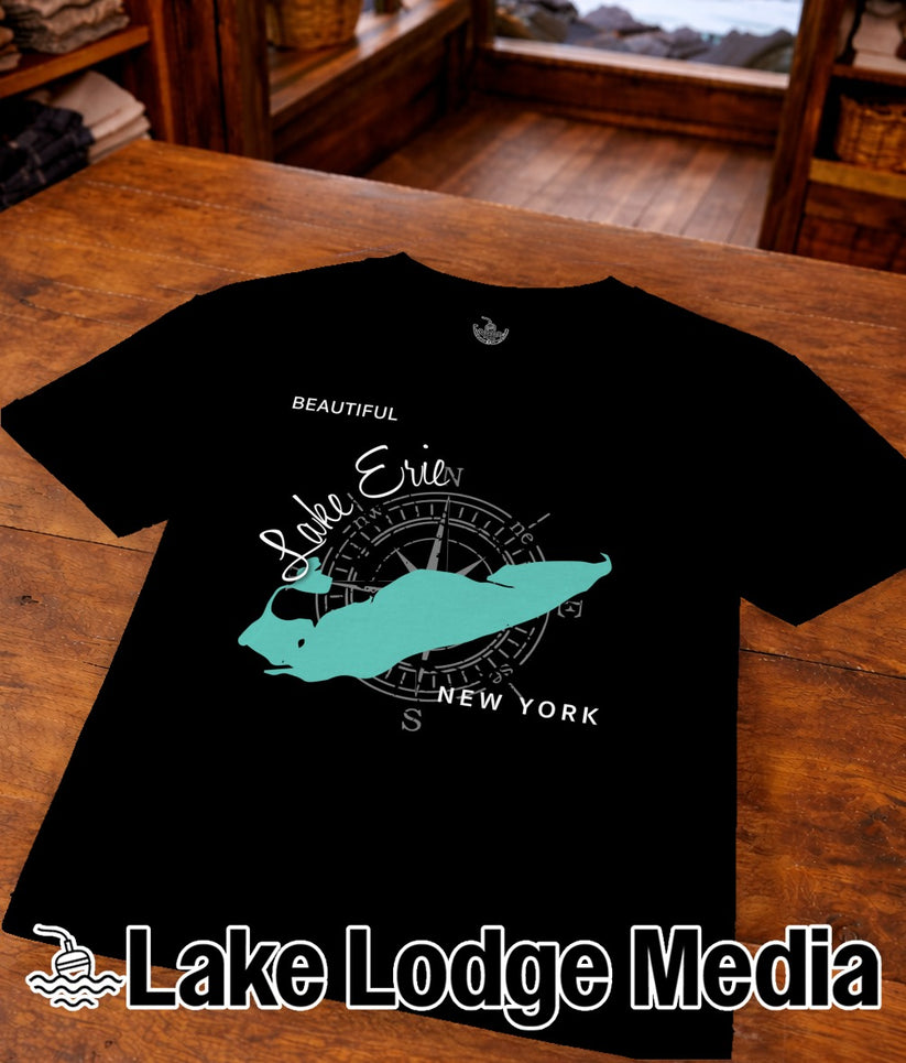 Black t-shirt featuring a compass rose over Lake Erie map, "Lake Erie New York" text.