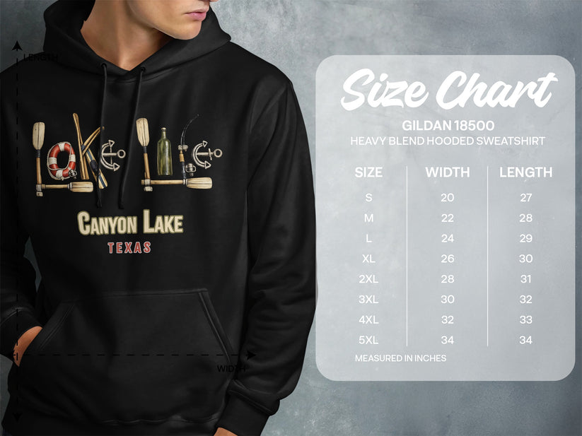 Gildan 18500 hoodie size chart showing width and length measurements in inches.