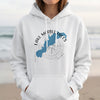 White hoodie with a blue map of Lake Marble Falls and compass graphic.