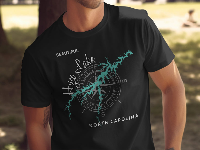 Black t-shirt with "Hyco Lake North Carolina" and compass graphic.