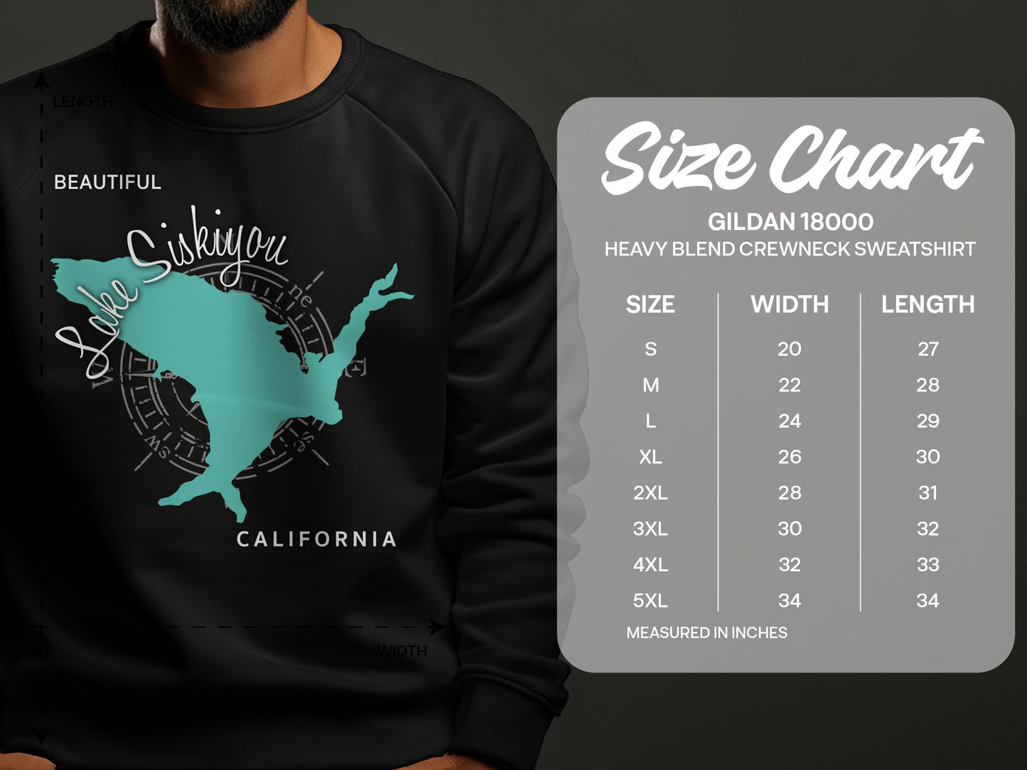 Crewneck sweatshirt with Lake Siskiyou map graphic and size chart.