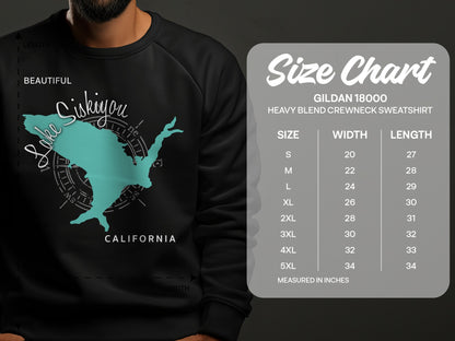 Crewneck sweatshirt with Lake Siskiyou map graphic and size chart.