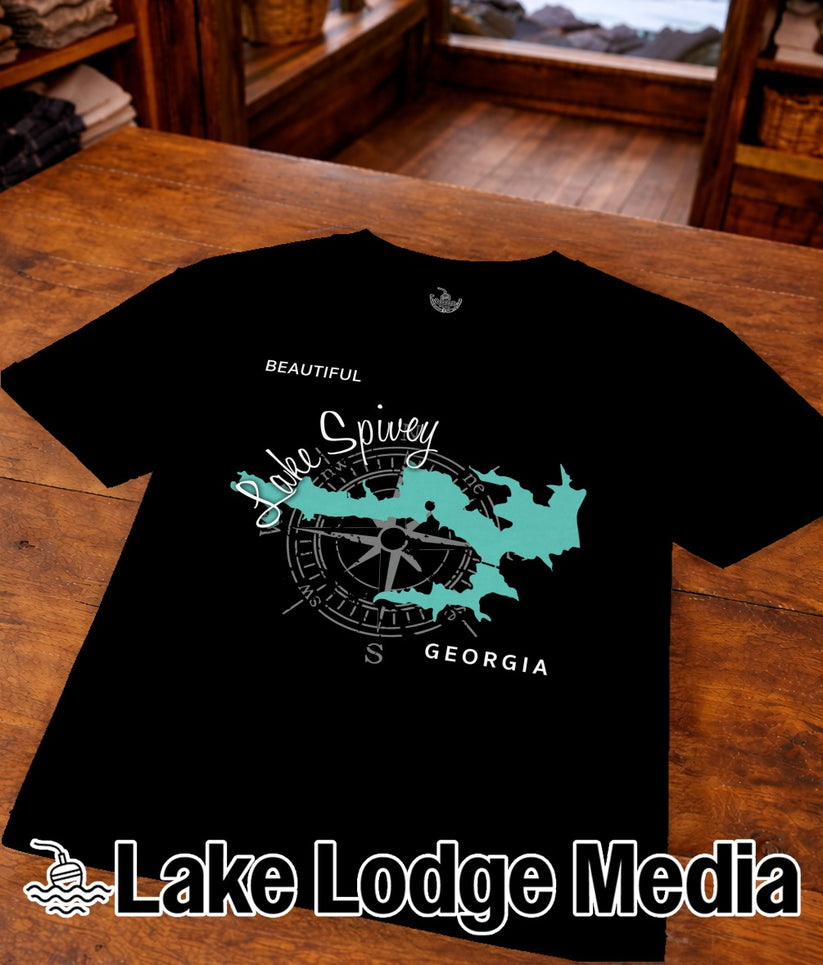 Black t-shirt with "Lake Spivey Georgia" and compass rose graphic.