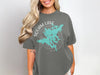 Grey t-shirt with a teal map of Squam Lake, New Hampshire and compass graphic.