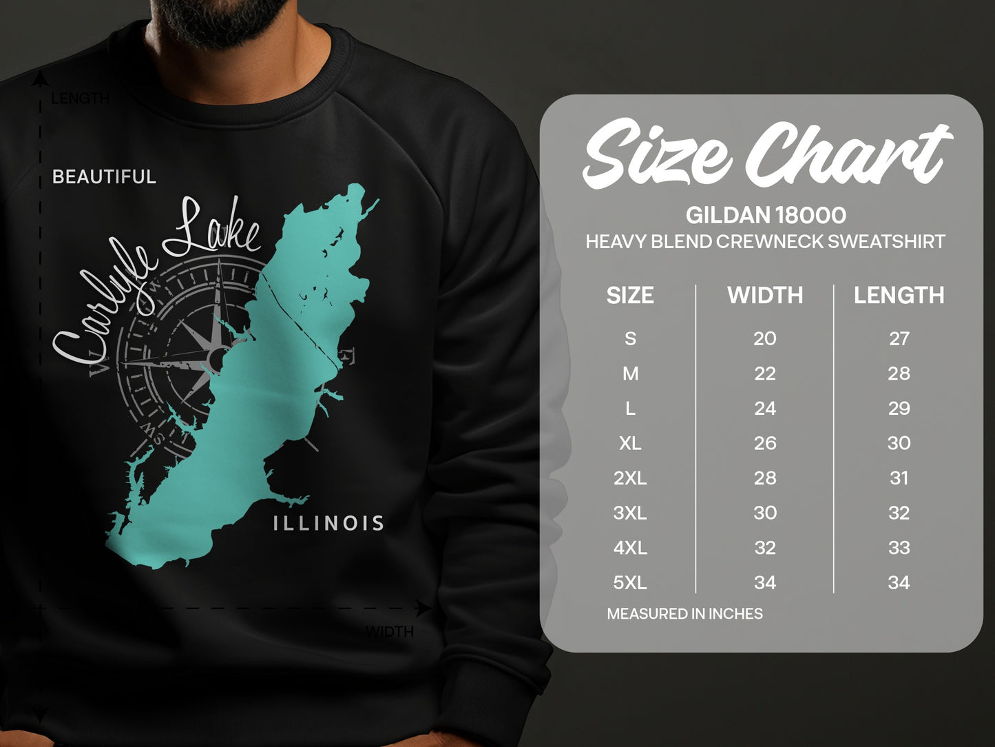 Carlyle Lake map and Gildan sweatshirt size chart.