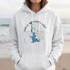 White hoodie featuring a compass design with Eagle Mountain Lake, Texas, and a map.