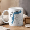 White mug with "Baker Lake Washington" text and map, compass rose design.