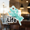 Turquoise outline of Lake Winnipesaukee with "Winnipesaukee" and "Life" text.