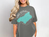 Gray t-shirt with turquoise map outline and "Lake Quinault Washington" text.