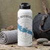 White water bottle with black lid and blue compass design reading "Lake Roosevelt"