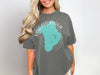Gray t-shirt featuring a teal map of Lake Okeechobee and Florida text.