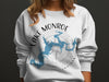 White sweatshirt with blue Lake Monroe, Indiana map and compass graphic.