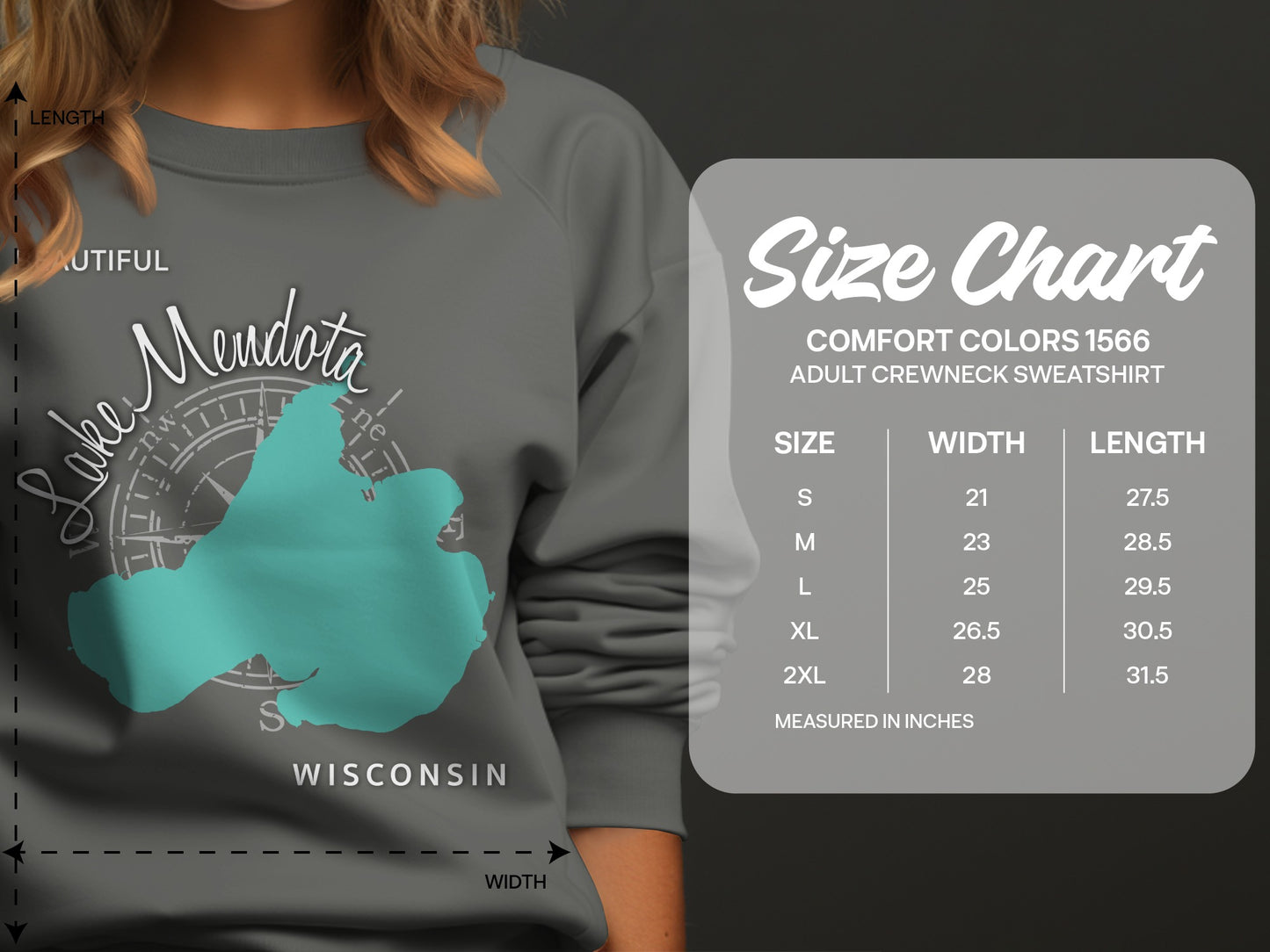 Lake Mendota Wisconsin graphic on gray sweatshirt with size chart.