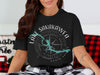 Black t-shirt with Lake Sakakawea graphic featuring a compass and map of North Dakota.