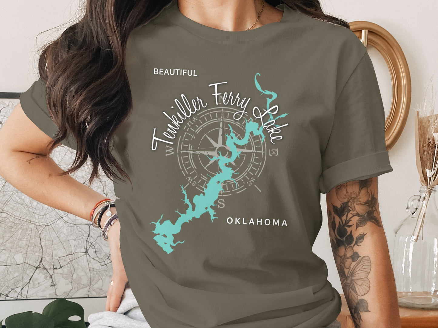 T-shirt with a compass rose and "Tenkiller Ferry Lake Oklahoma" text.