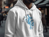 White hoodie with a blue graphic featuring a map and text.