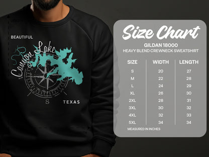 Canyon Lake Texas graphic on a black sweatshirt with size chart.
