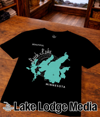 Black t-shirt with "Leach Lake Minnesota" map graphic and "Lake Lodge Media" logo.