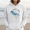 White hoodie with Lake Kabetogama Minnesota graphic and compass design