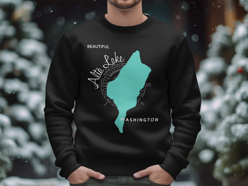 Black sweatshirt with teal Alta Lake Washington outline and compass design.