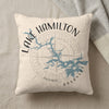 Cream pillow with Lake Hamilton Arkansas map and compass design.