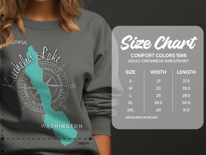 Size chart for Comfort Colors 1566 adult crewneck sweatshirt in inches.
