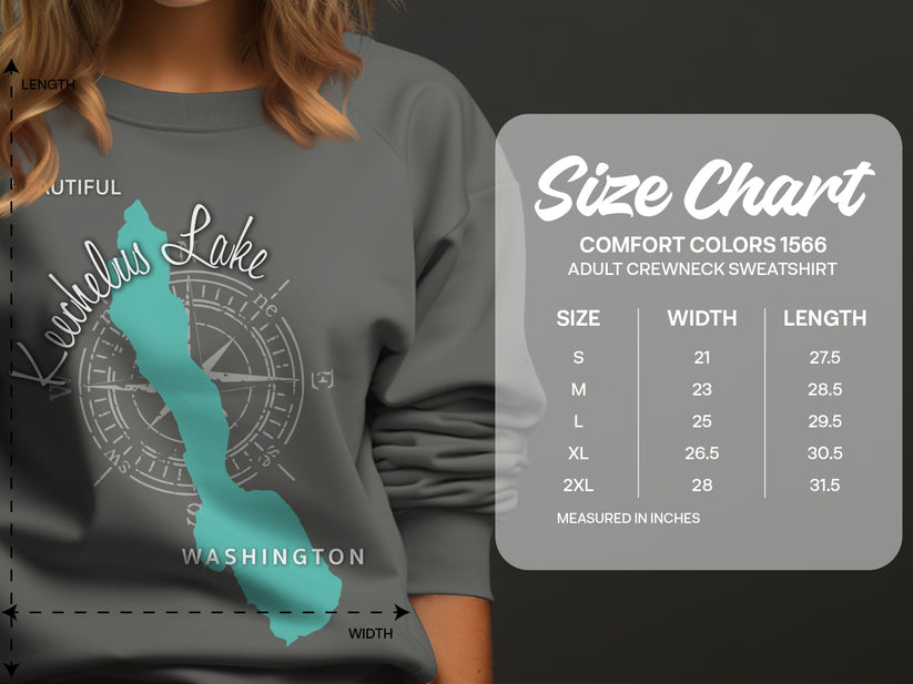 Size chart for Comfort Colors 1566 adult crewneck sweatshirt in inches.