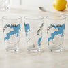 Three clear glasses featuring a blue map of Arcadia Lake and compass rose.
