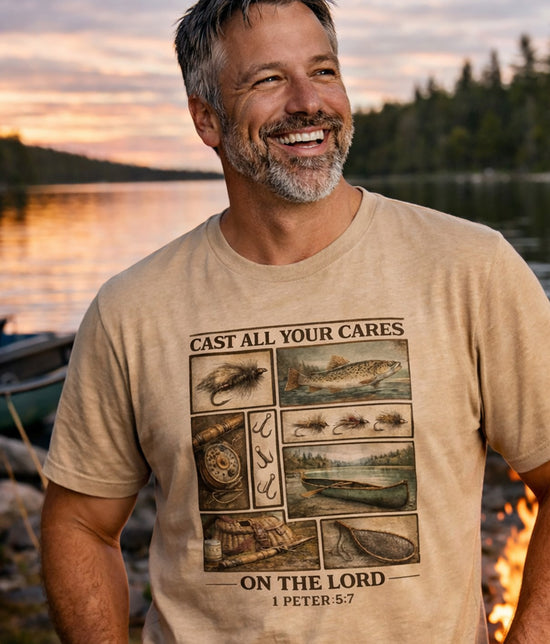 Fly Fishing Cast All Your Cares Upon the Lord Scripture T-Shirt | 1 Peter 5:7 Bible Verse for Fisherman, Father's Day