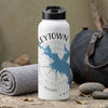 White water bottle with a compass rose and blue lake graphic, text "KEYTOWN" and "CALI".